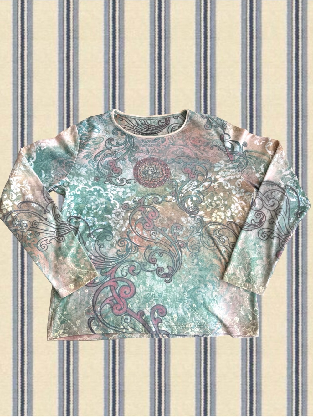 Classic Elements Pastel Floral Scroll Long Sleeve Tee - Teal, Pink, Cream